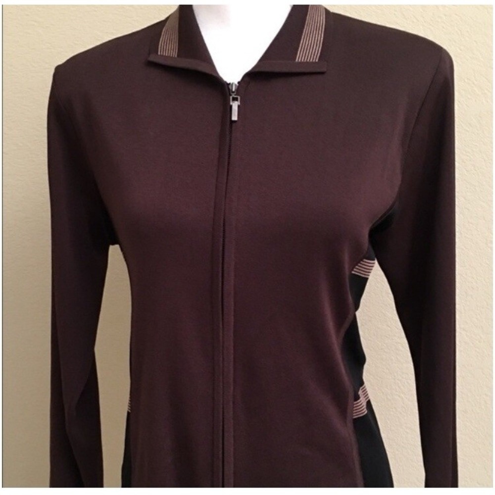 Misook Womens Large Vintage Zip Up Sweater Jacket Brown Black Acrylic Stripes